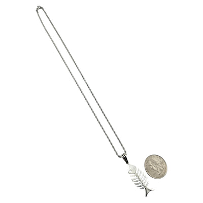 Sterling Silver Fish Skeleton Mens Necklace